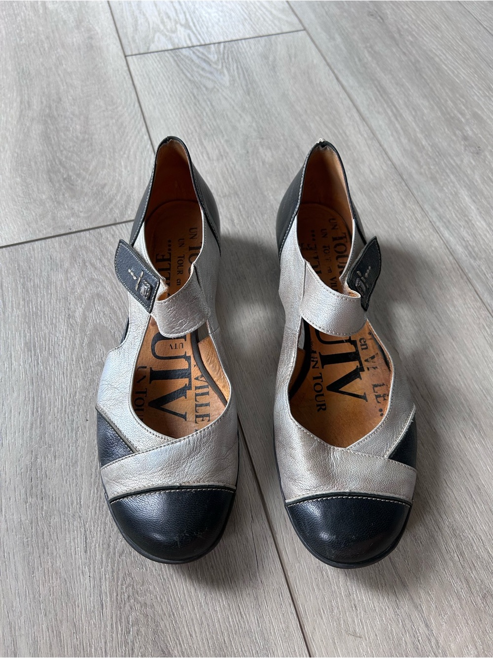 Un Tour En Ville Metallic Silver Black Mary Jane Flats Edgy Statement Shoes